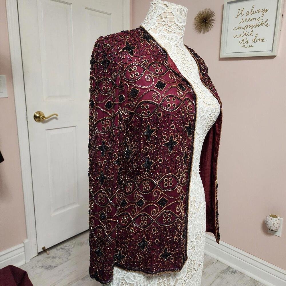 NWT J Kara New york wine beaded jacket adorable 100 silk M